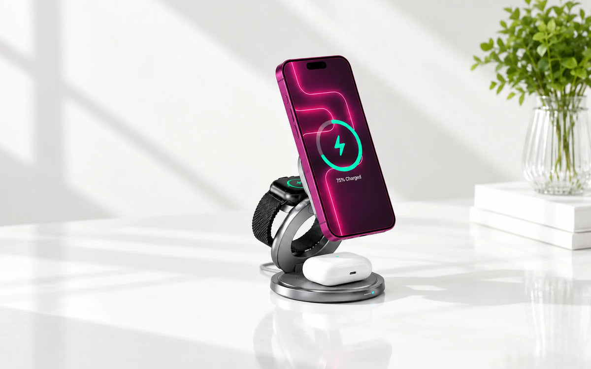 Evolved iPhone accessories including a case, 3-in-1 charger, power bank and car charger