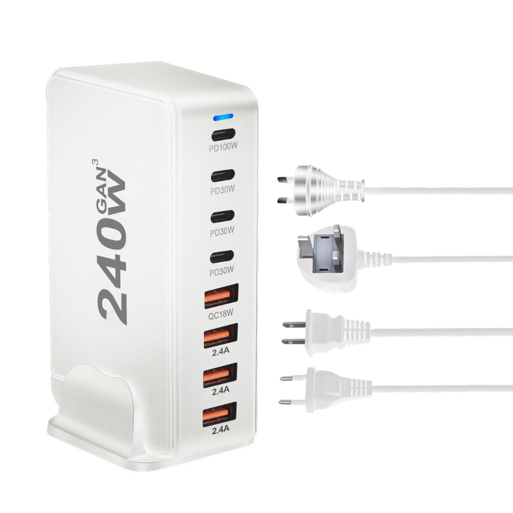 240W GaN 8-Port USB-C Charger with advanced GaN technology, featuring four USB-C PD ports and four USB-A QC ports for ultra-fast and efficient multi-device charging. Compact and lightweight design suitable for home, office, and travel use.