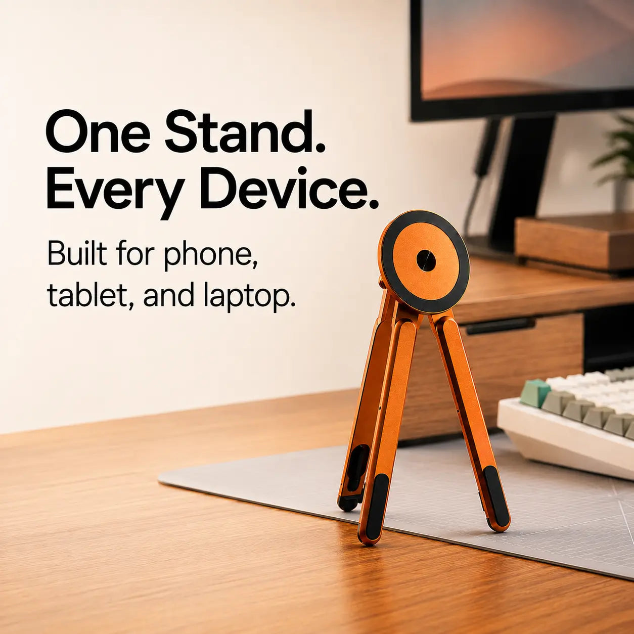Cosmic Orange folding magnetic device stand standing upright on a desk #color_Cosmic Orange