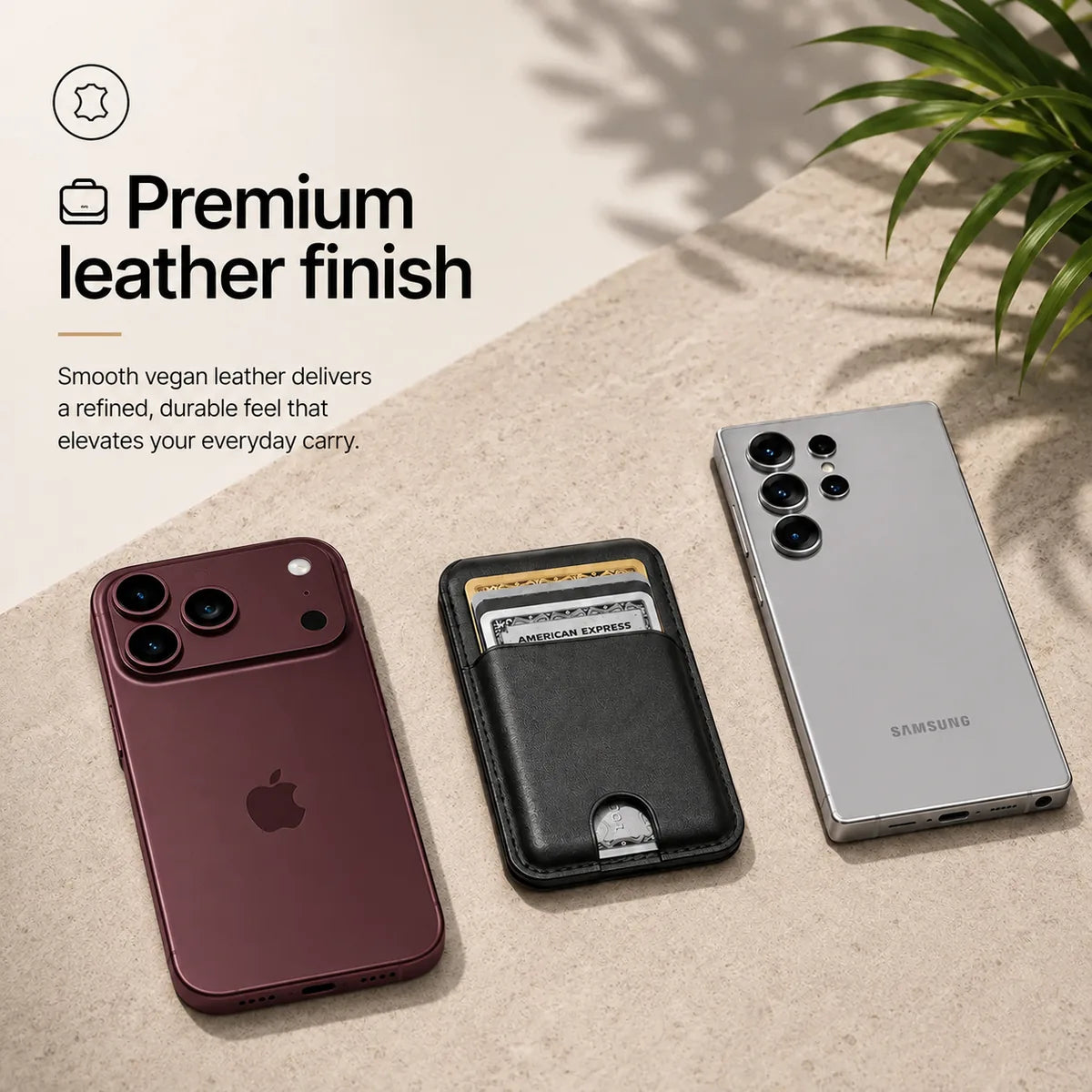 Midnight Black magnetic wallet and cards between a Burgundy iPhone and a silver Samsung phone. #color_Midnight Black