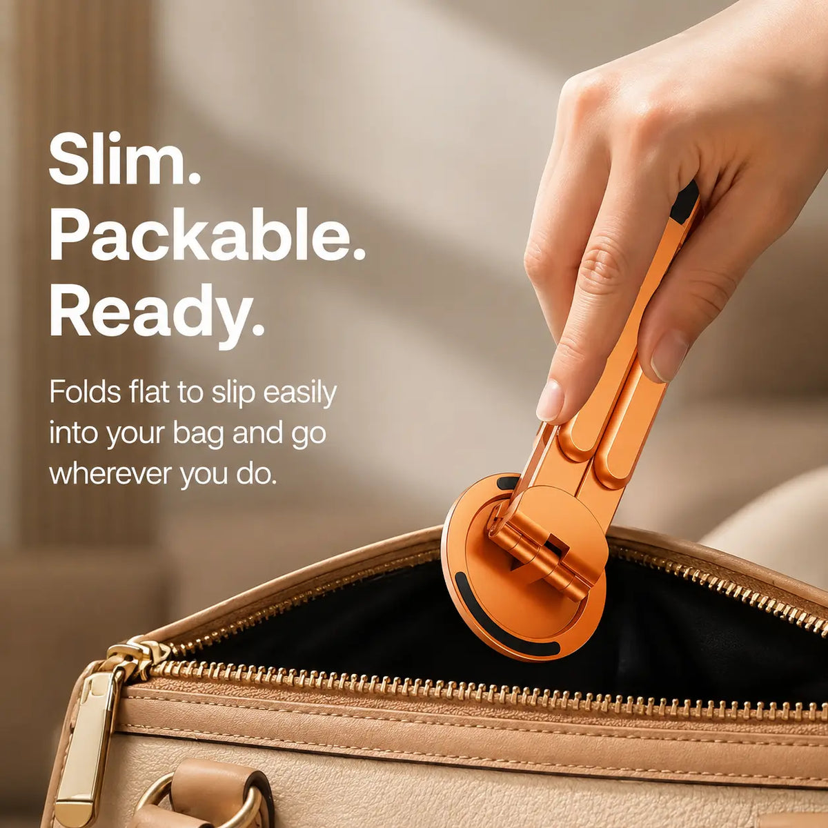 Cosmic Orange folding magnetic device stand folded into a travel bag #color_Cosmic Orange