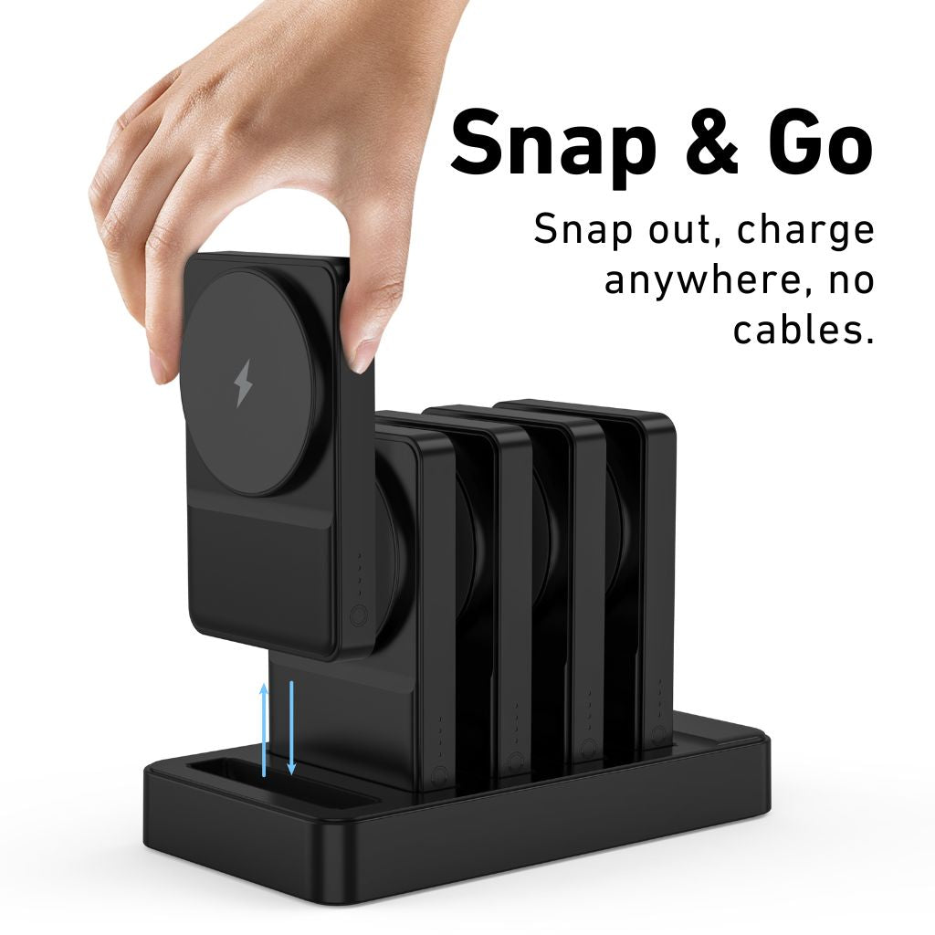 Black charging station with a hand snapping out a device, text 'Snap & Go' and 'Snap out, charge anywhere, no cables.'