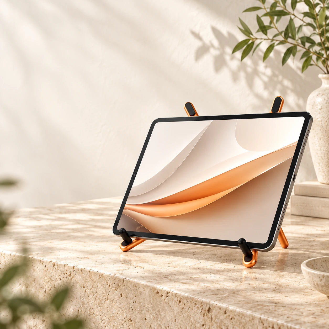 Tablet resting horizontally on an orange adjustable desk stand.