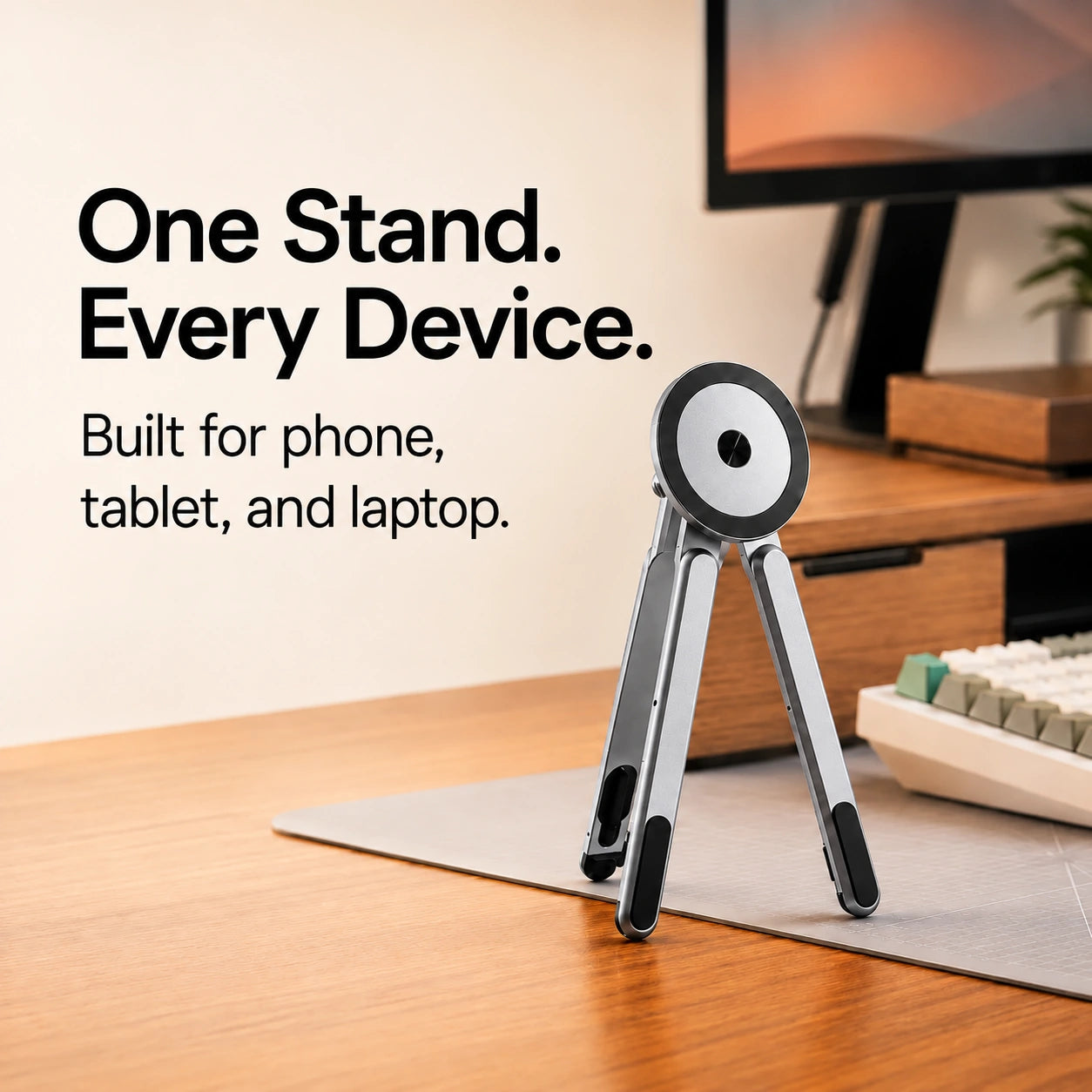 Titanium Silver folding magnetic device stand standing upright on a desk #color_Titanium Silver