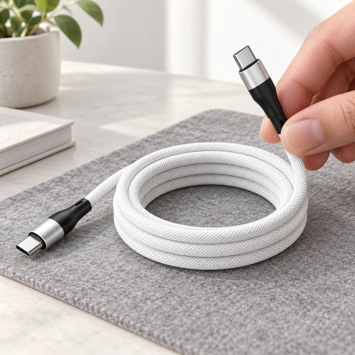 Fingers guiding adjacent loops of a white magnetic charging cable into a neat coil.