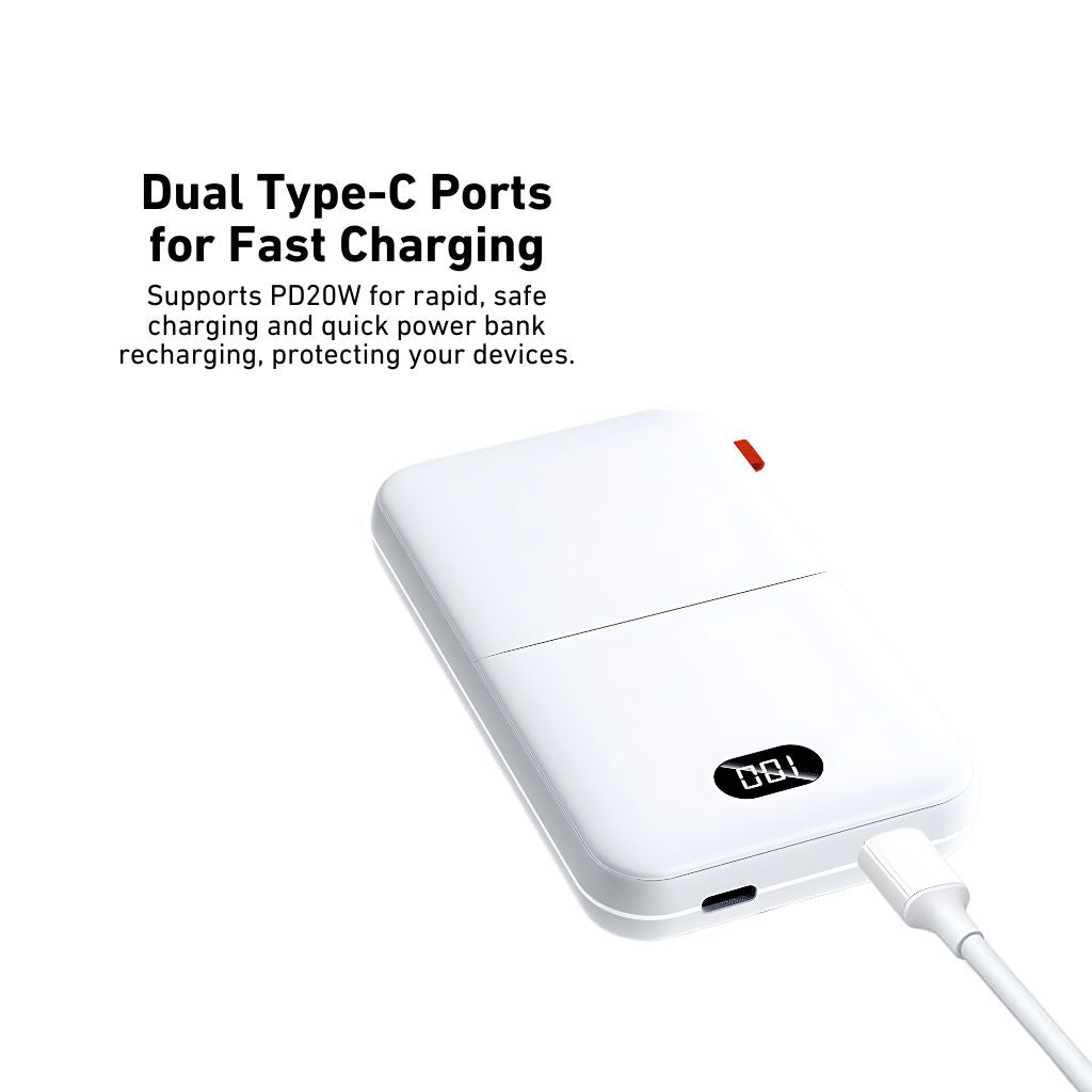 2-in-1 Wireless MagSafe PowerBank with 10,000mAh capacity, dual Type-C fast charging, LED display, strong magnetic suction, and multi-device charging. Portable, high-density battery compliant with travel safety standards.