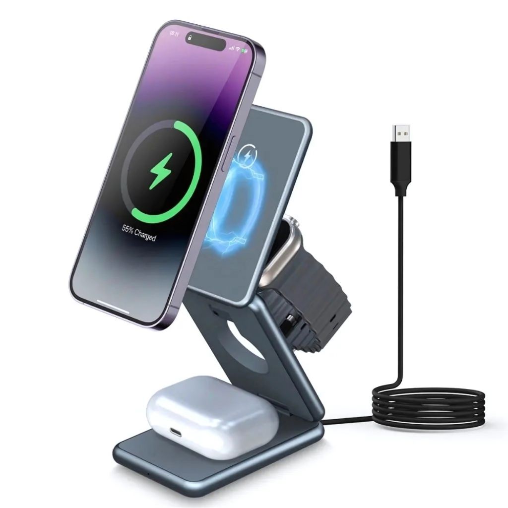 3-in-1 Foldable Wireless Charging Station for Apple iPhone 16 Pro Max, Apple Watch Ultra 2, and AirPods Pro by Evolved Chargers – Portable, MagSafe-Compatible, and Ideal for Travel.