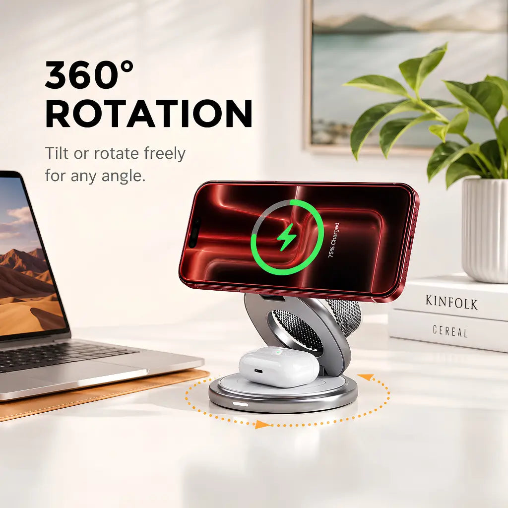 360 degree rotating MagSafe charger with adjustable viewing angle