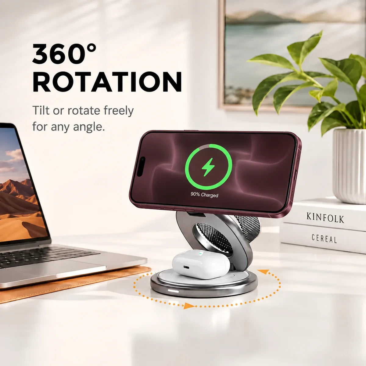 Titanium Gray rotating foldable wireless charger with a rotating base and a Burgundy phone. #color_Titanium Gray