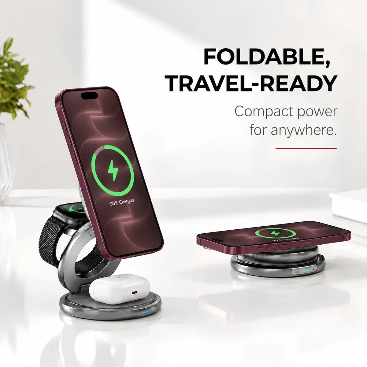 Titanium Gray rotating foldable wireless charger in upright and flat charging configurations with Burgundy phones. #color_Titanium Gray