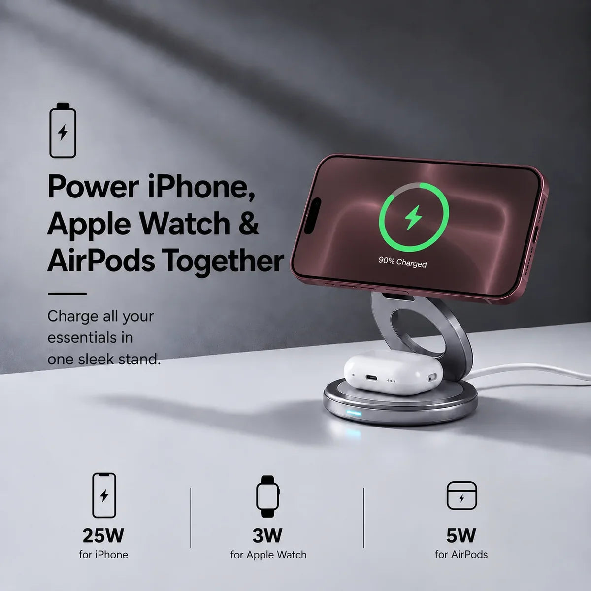 Titanium gray rotating wireless charger charging a Burgundy phone in landscape orientation with earbuds. #color_Titanium Gray