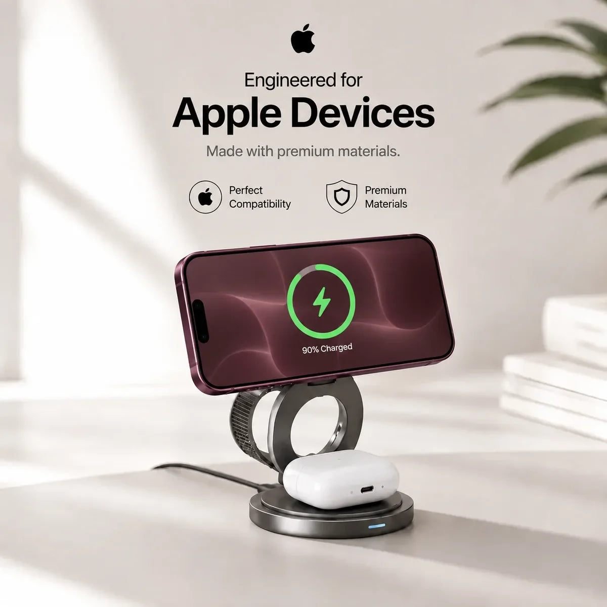 Titanium gray rotating wireless charger supporting a Burgundy phone in landscape orientation. #color_Titanium Gray