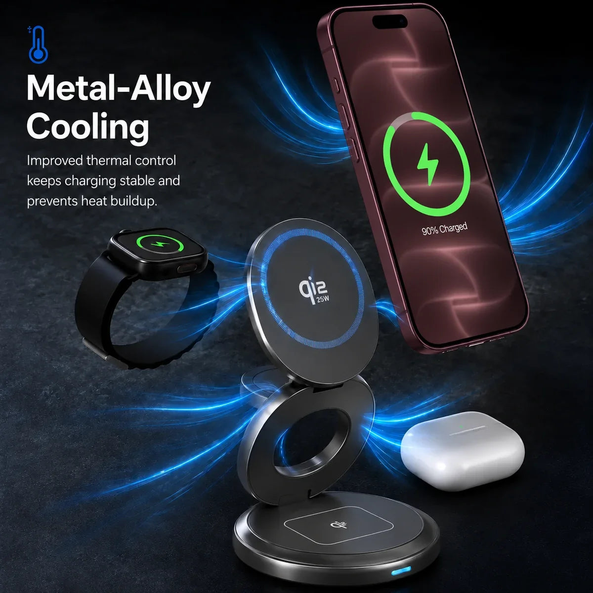 Titanium Gray rotating foldable wireless charger with Burgundy phone, watch and earbuds in a cooling illustration. #color_Titanium Gray