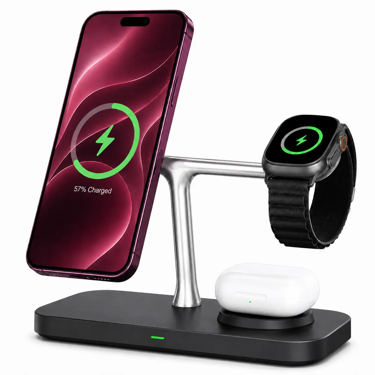 Midnight Black three device wireless charging station with phone watch and earbuds #color_Midnight Black