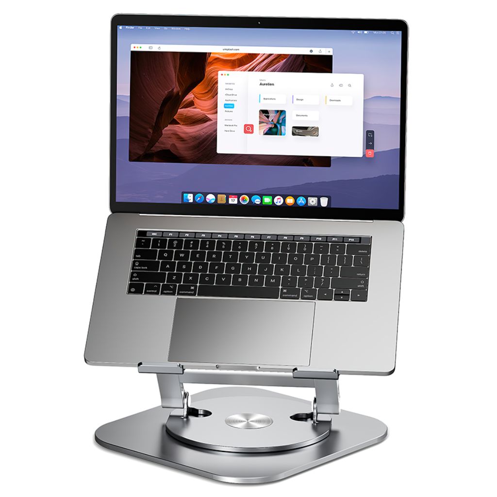 Laptop Stand with 360° swivel for laptops and tablets up to 17 inches. Features a foldable, ergonomic design, non-slip silicone pads for stability, and open structure for heat dissipation. Ideal for enhancing productivity and comfortable viewing angles.