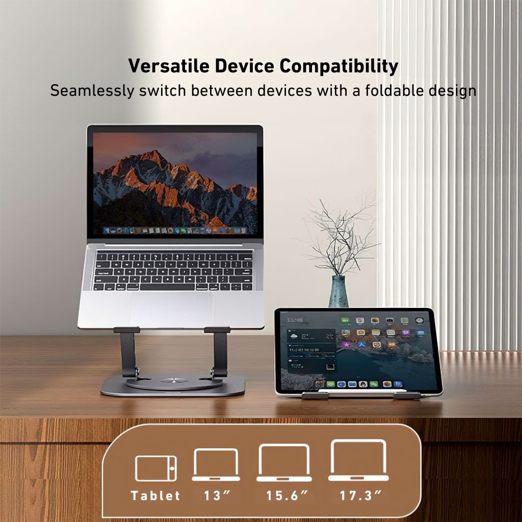 Laptop Stand with 360° swivel for laptops and tablets up to 17 inches. Features a foldable, ergonomic design, non-slip silicone pads for stability, and open structure for heat dissipation. Ideal for enhancing productivity and comfortable viewing angles.