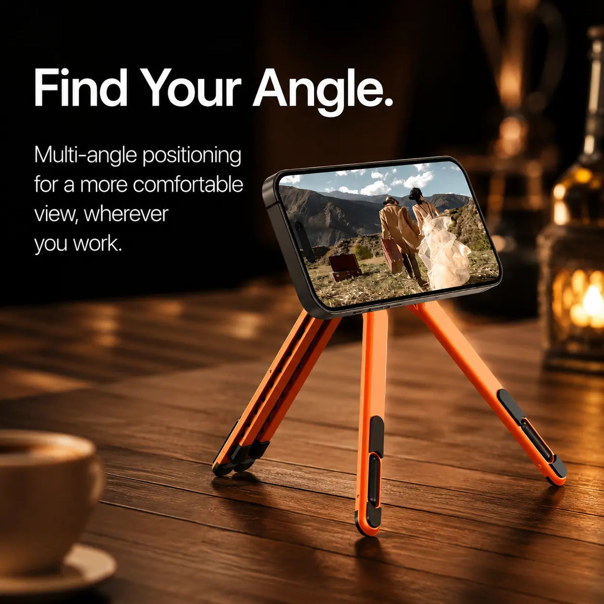 Cosmic Orange folding magnetic device stand holding a phone in landscape orientation #color_Cosmic Orange