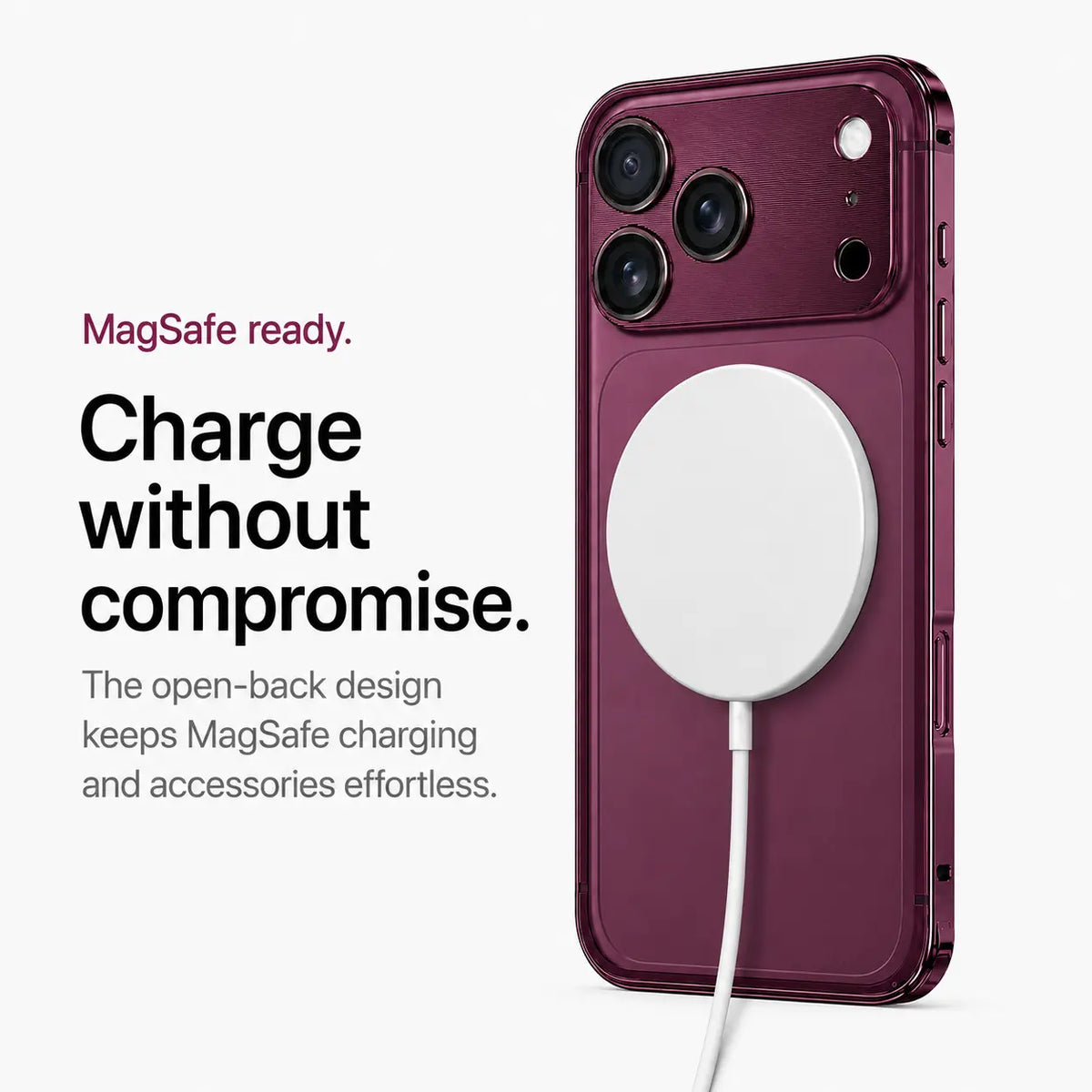 Burgundy aluminum bumper phone case attached to a white wireless charging puck #color_Cherry Red