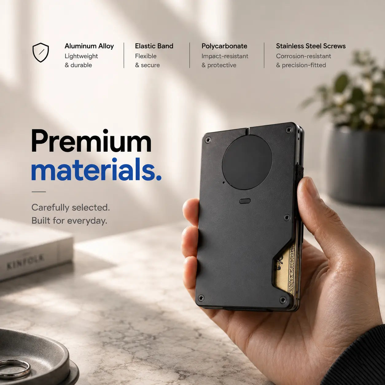 Black smart wallet with Apple Find My tracking and slim metal design