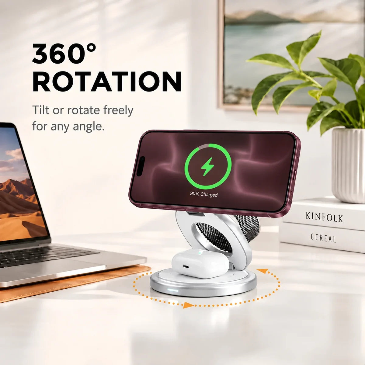 Arctic White rotating foldable wireless charger with a rotating base and a Burgundy phone. #color_Arctic White