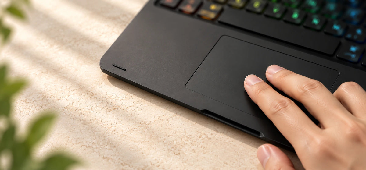 Two fingers using the large trackpad on a black tablet keyboard case.