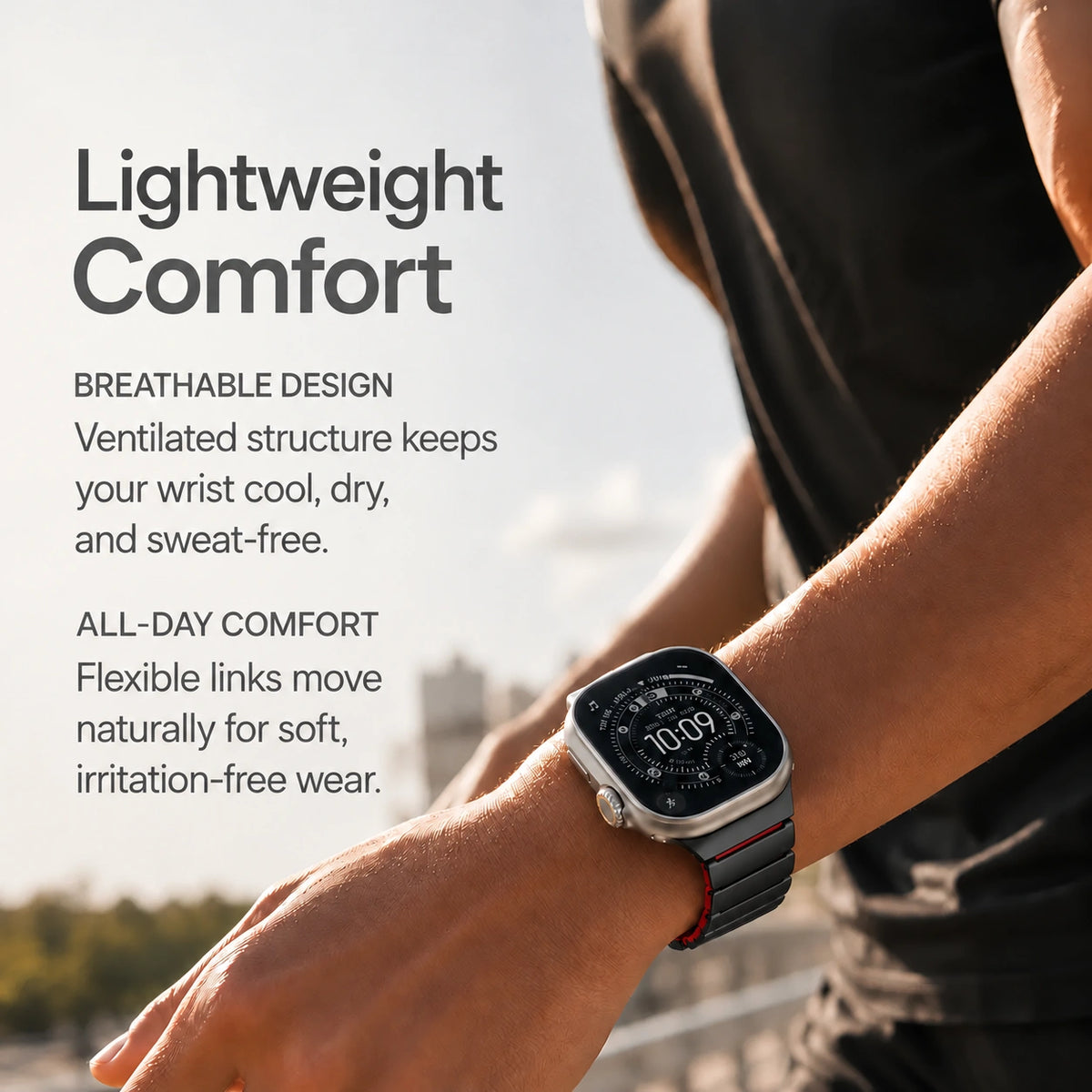Black Titanium Cherry hybrid watch band worn during everyday activity #color_Black Titanium Cherry