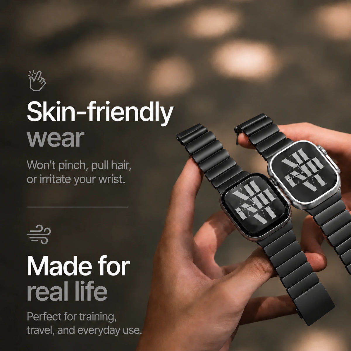 Black Titanium Onyx Black hybrid watch band worn comfortably on wrists #color_Black Titanium Onyx Black
