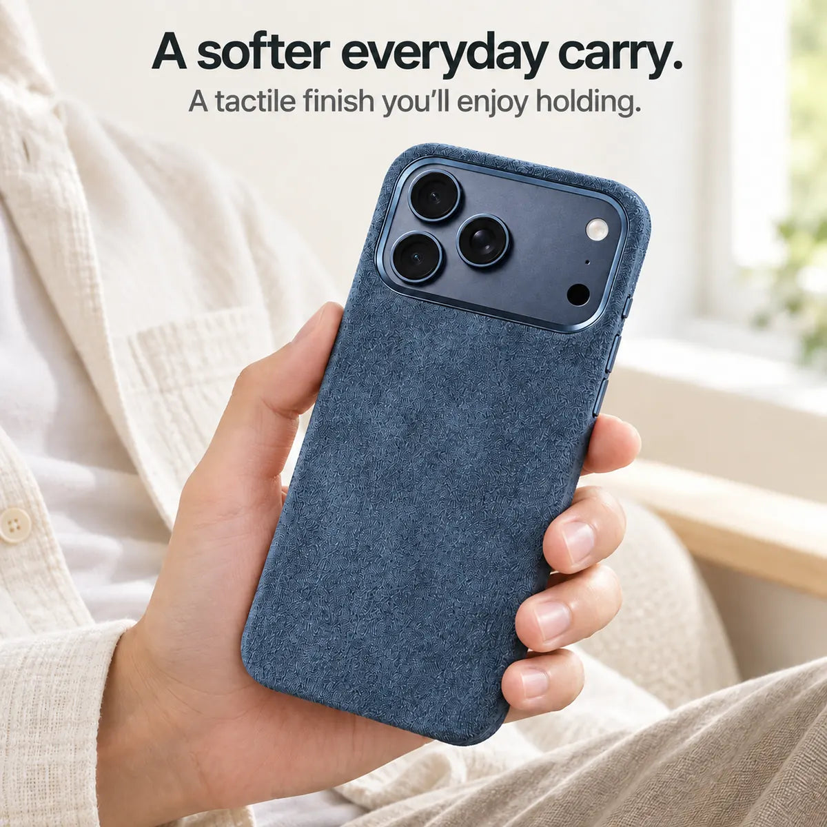 Blue fabric phone case held in one hand, showing its textured back. #color_Deep Blue