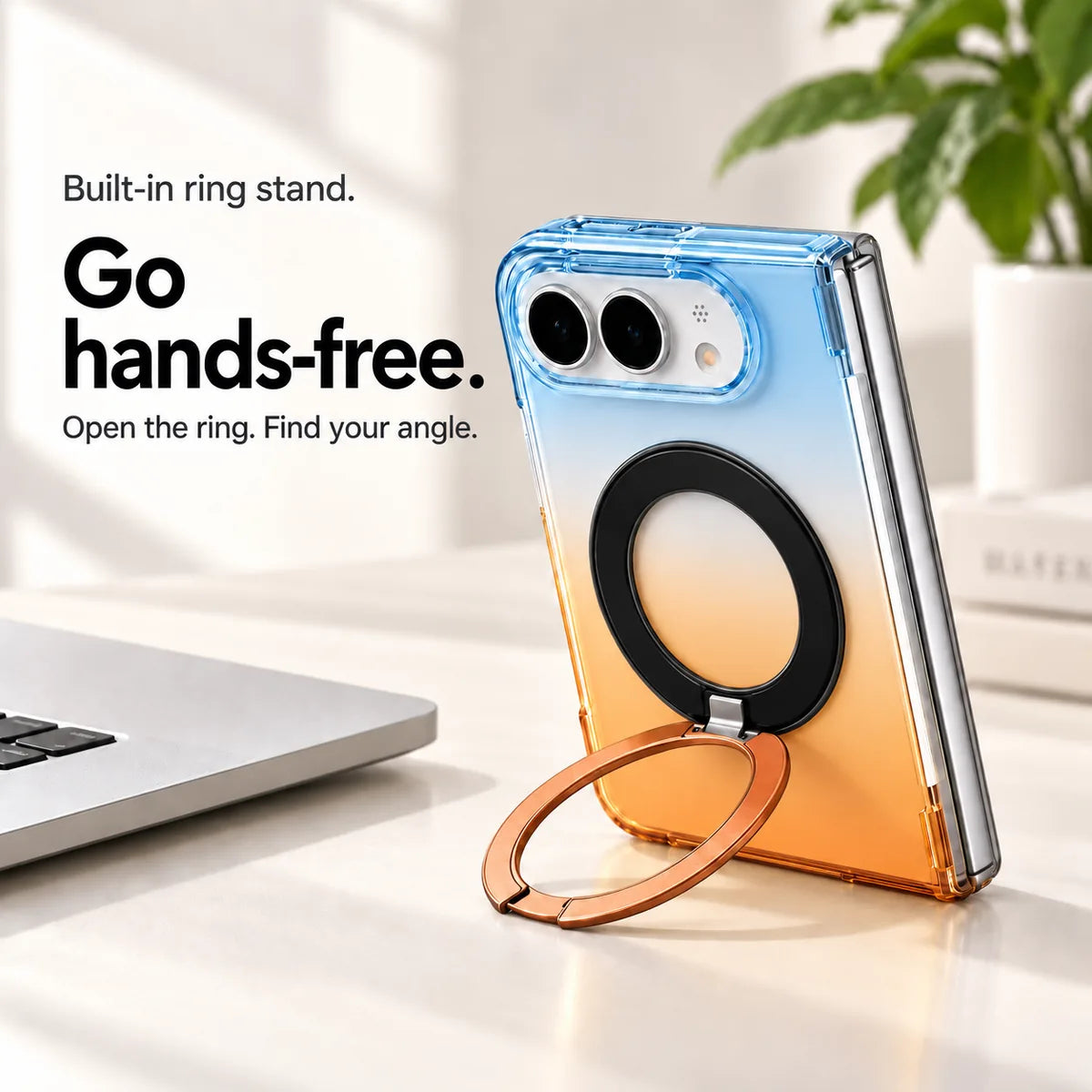 Blue and orange gradient case supporting a folded silver phone on a desk with its ring stand open. #color_Solar Haze
