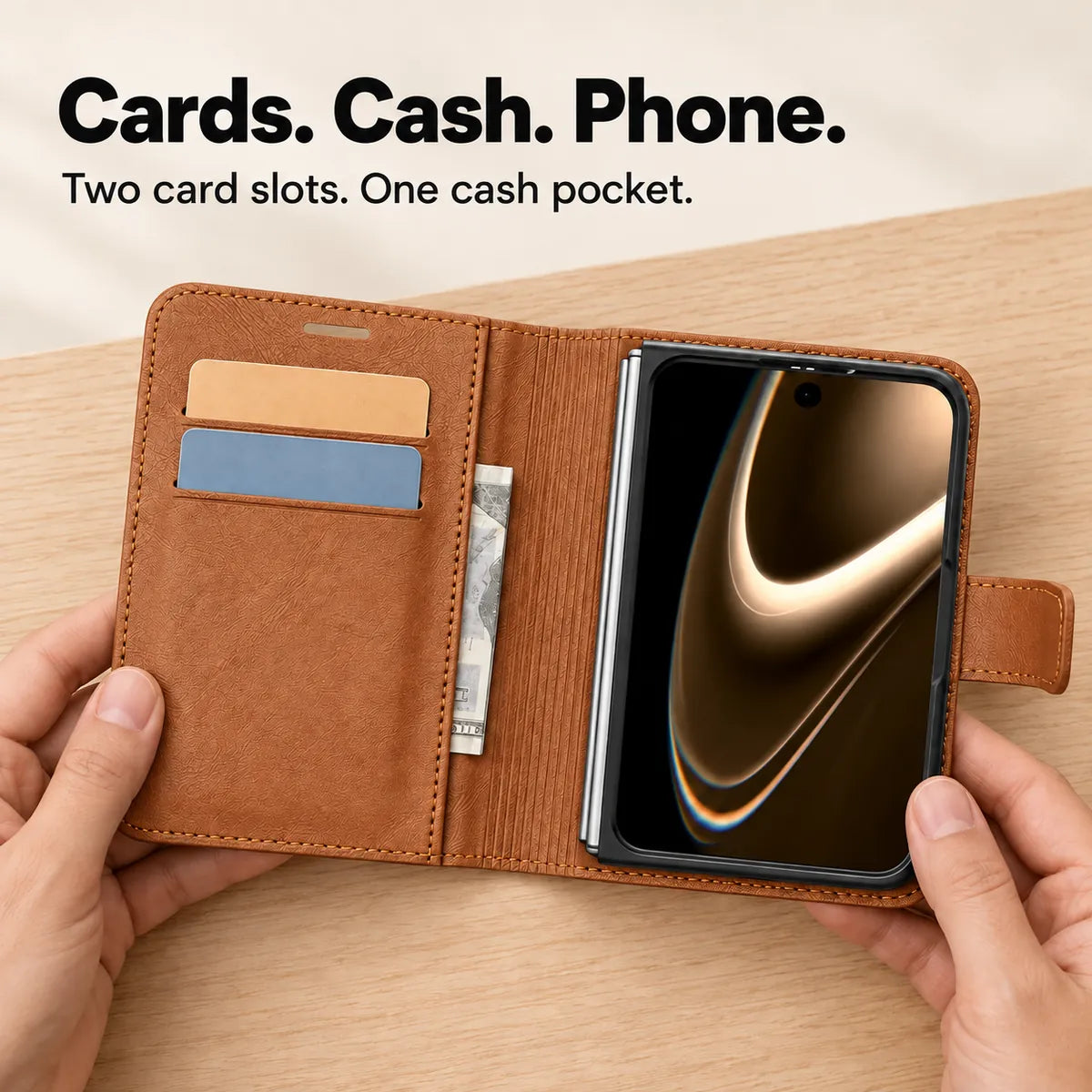 Open Saddle Brown wallet case with two card slots, a cash pocket and phone fitted inside. #color_Saddle Brown
