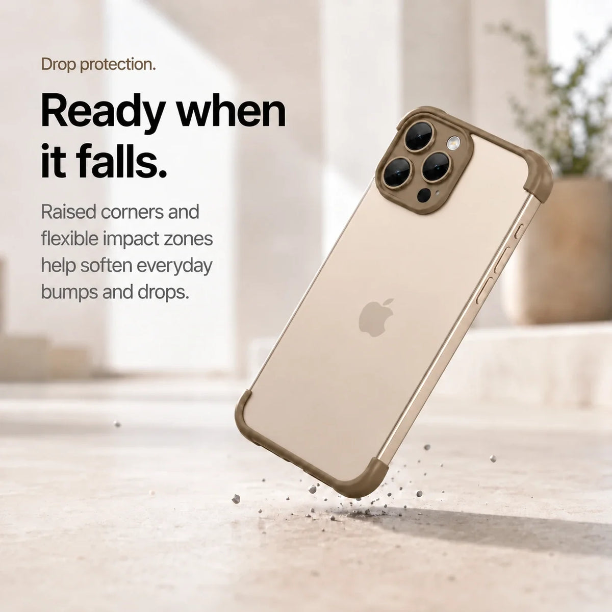 Brown phone bumper shown landing on a protected corner above a stone surface #color_Mocha Brown