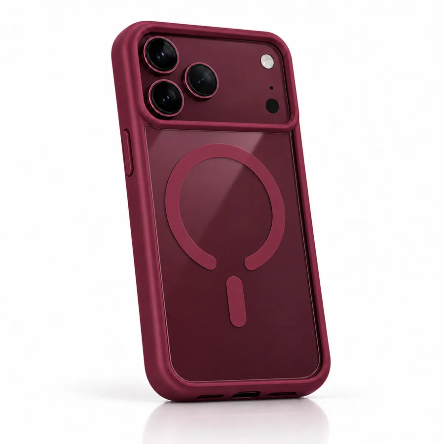 Burgundy clear back phone case with a matching frame and magnetic ring in a white studio.