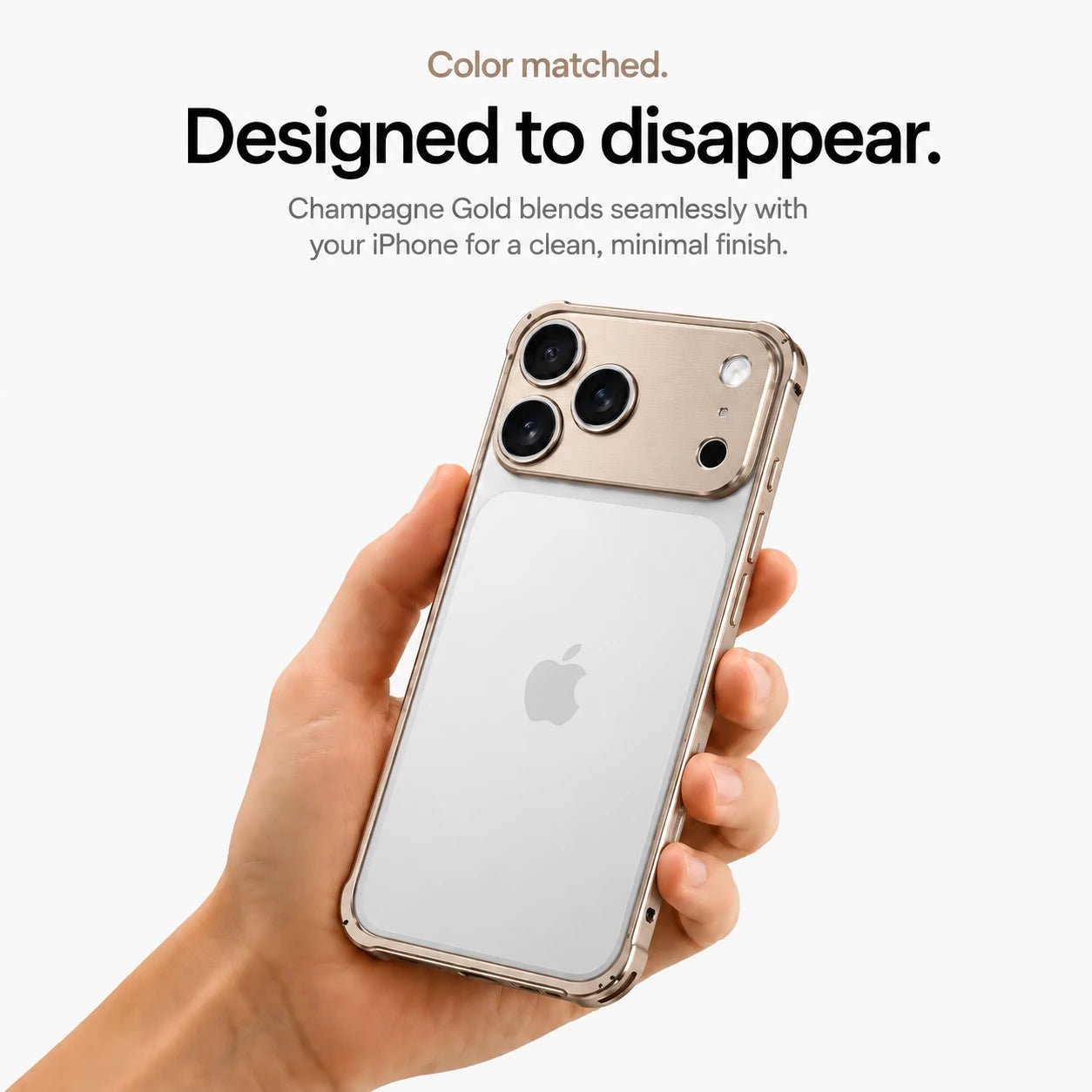 Champagne gold aluminum frame phone case held in a hand showing its open back #color_Champagne Gold