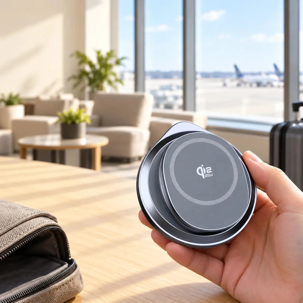 Hand holding a gray round wireless charger folded flat beside a travel bag.