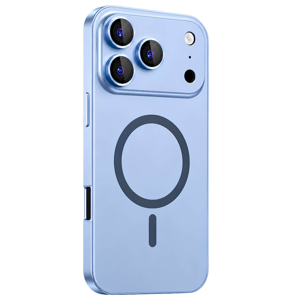 A light blue iphone 18 pro max phone case with a dark gray MagSafe ring and vertical cutout, shown on a light blue smartphone against a white background.