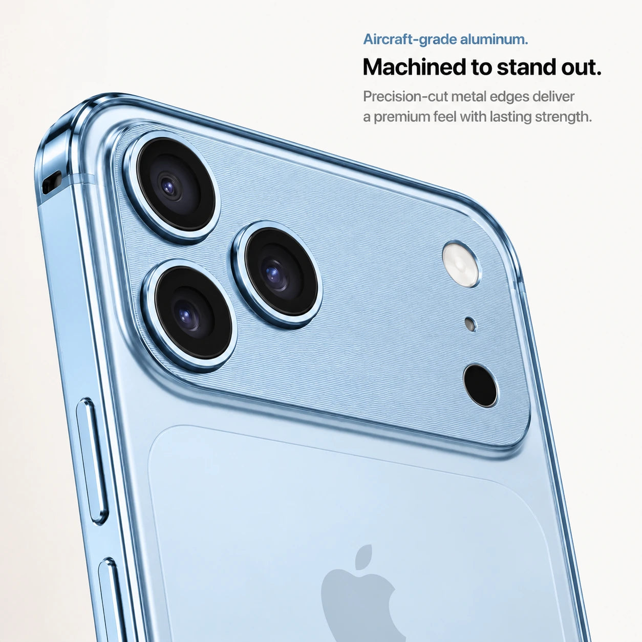 Light blue aluminum frame phone case showing the machined camera guard and metal frame #color_Light Blue