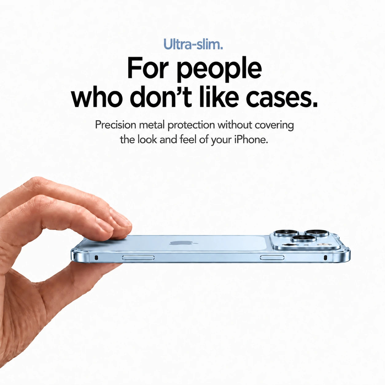 Light blue aluminum frame phone case held sideways showing its slim profile #color_Light Blue