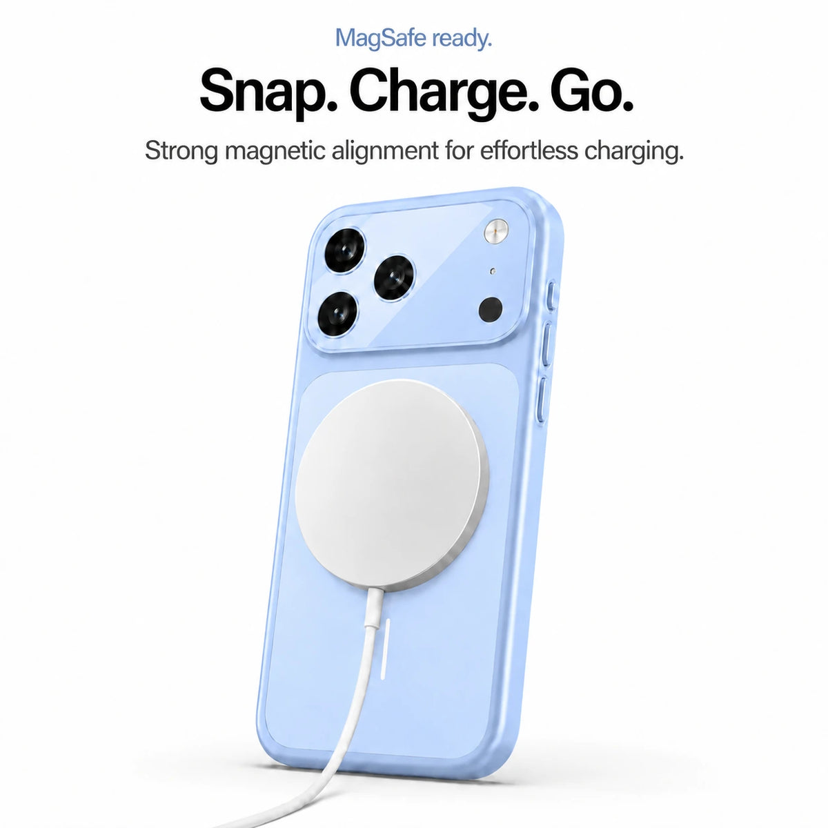 Glacier magnetic phone case with an attached round wireless charger and white cable #color_Glacier