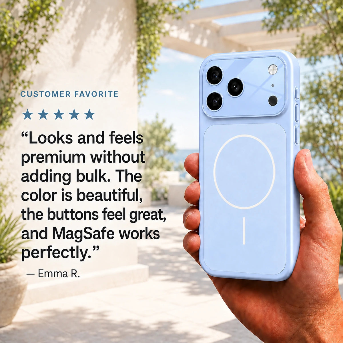 Glacier slim protective phone case held on a sunny patio beside customer feedback #color_Glacier