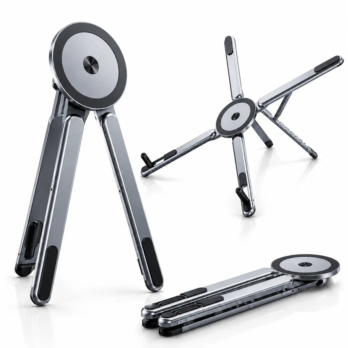 Titanium Silver folding magnetic device stand shown open and folded #color_Titanium Silver