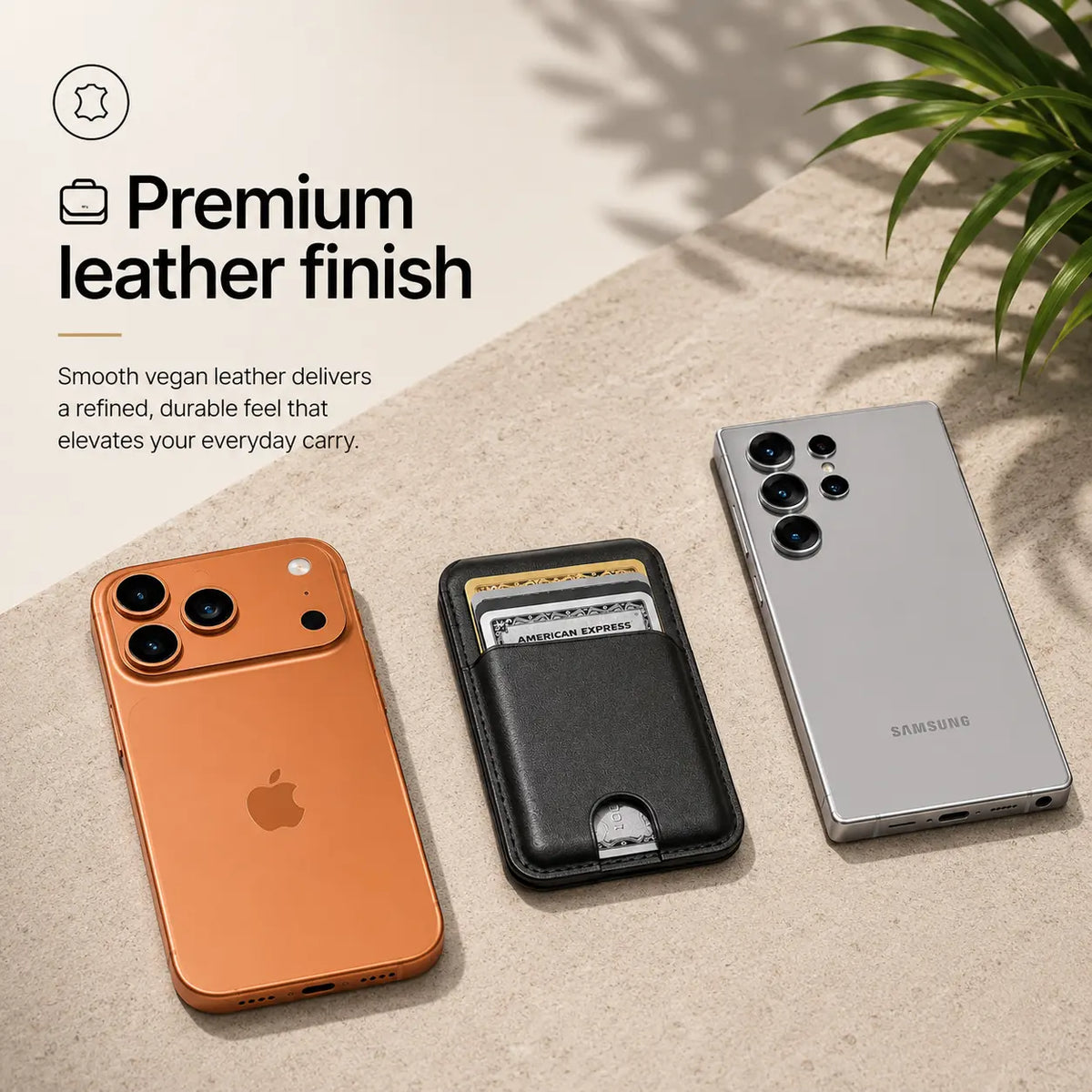 Midnight Black magnetic wallet and cards between a Burgundy iPhone and a silver Samsung phone. #color_Midnight Black