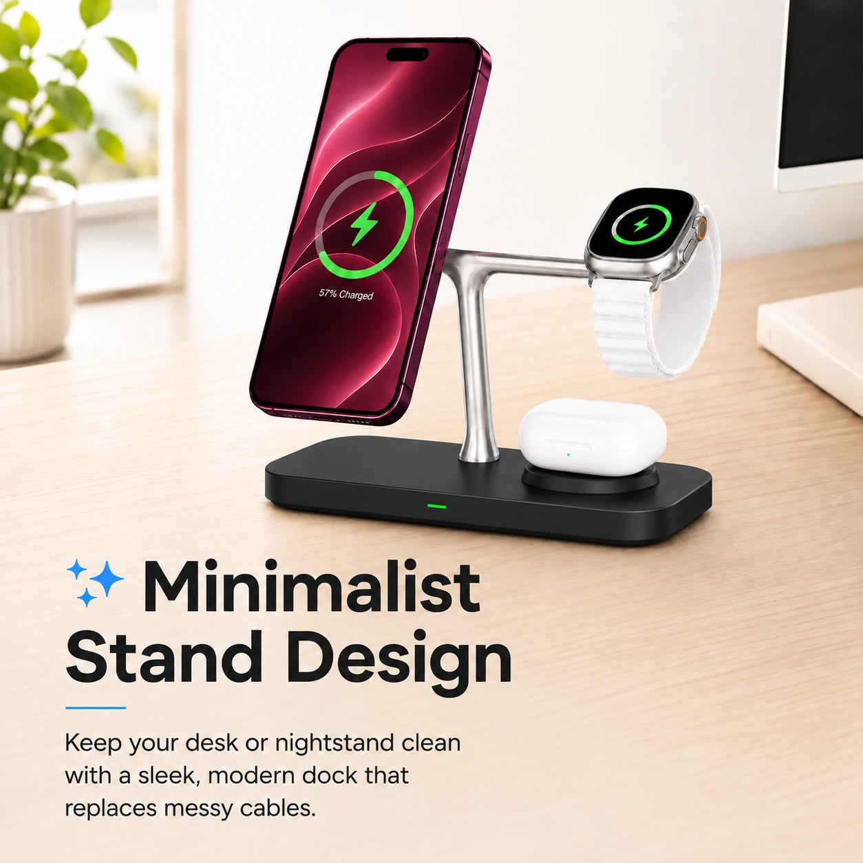 Midnight Black three device wireless charging station on a minimalist desk #color_Midnight Black