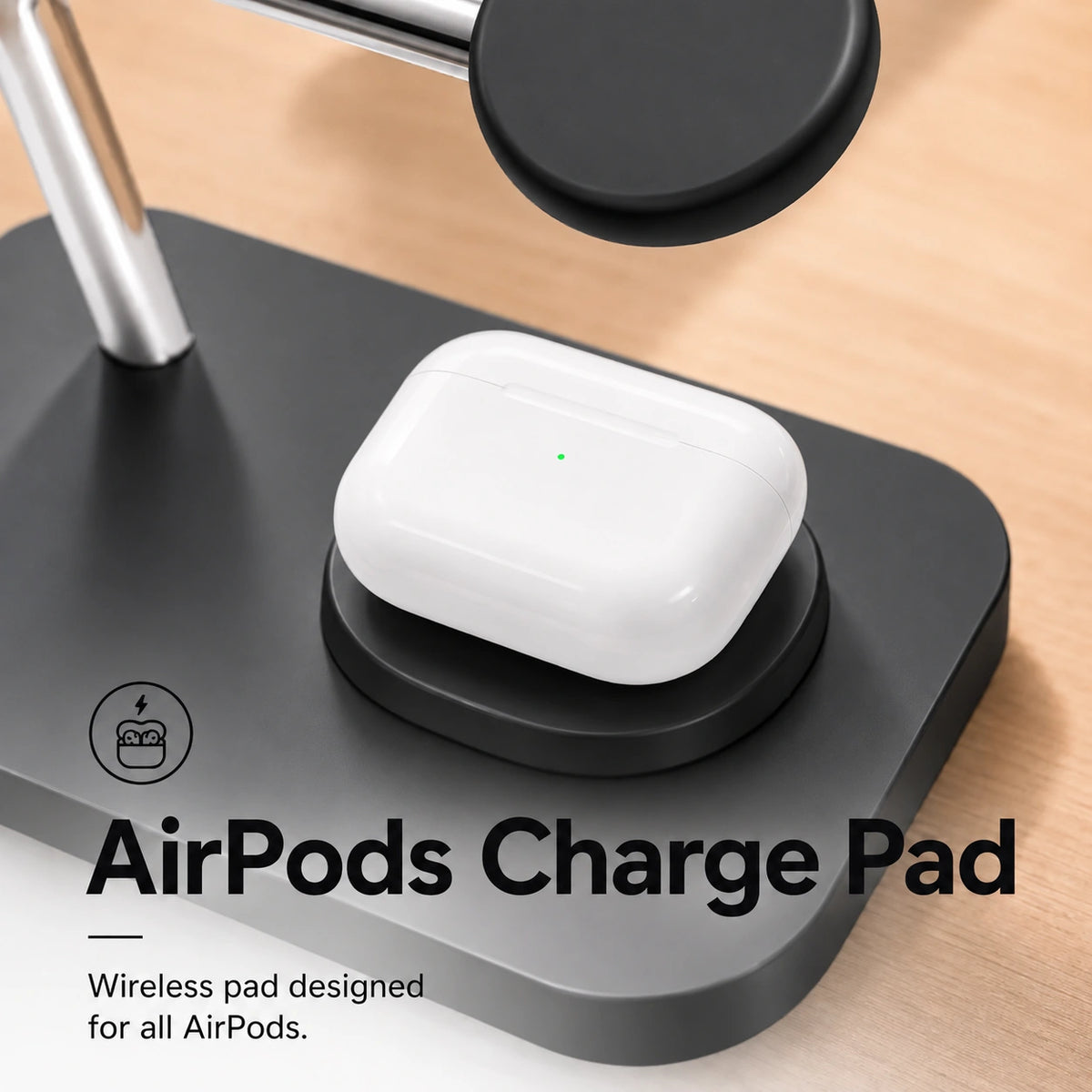 Midnight Black three device wireless charging station with an earbud charging pad #color_Midnight Black