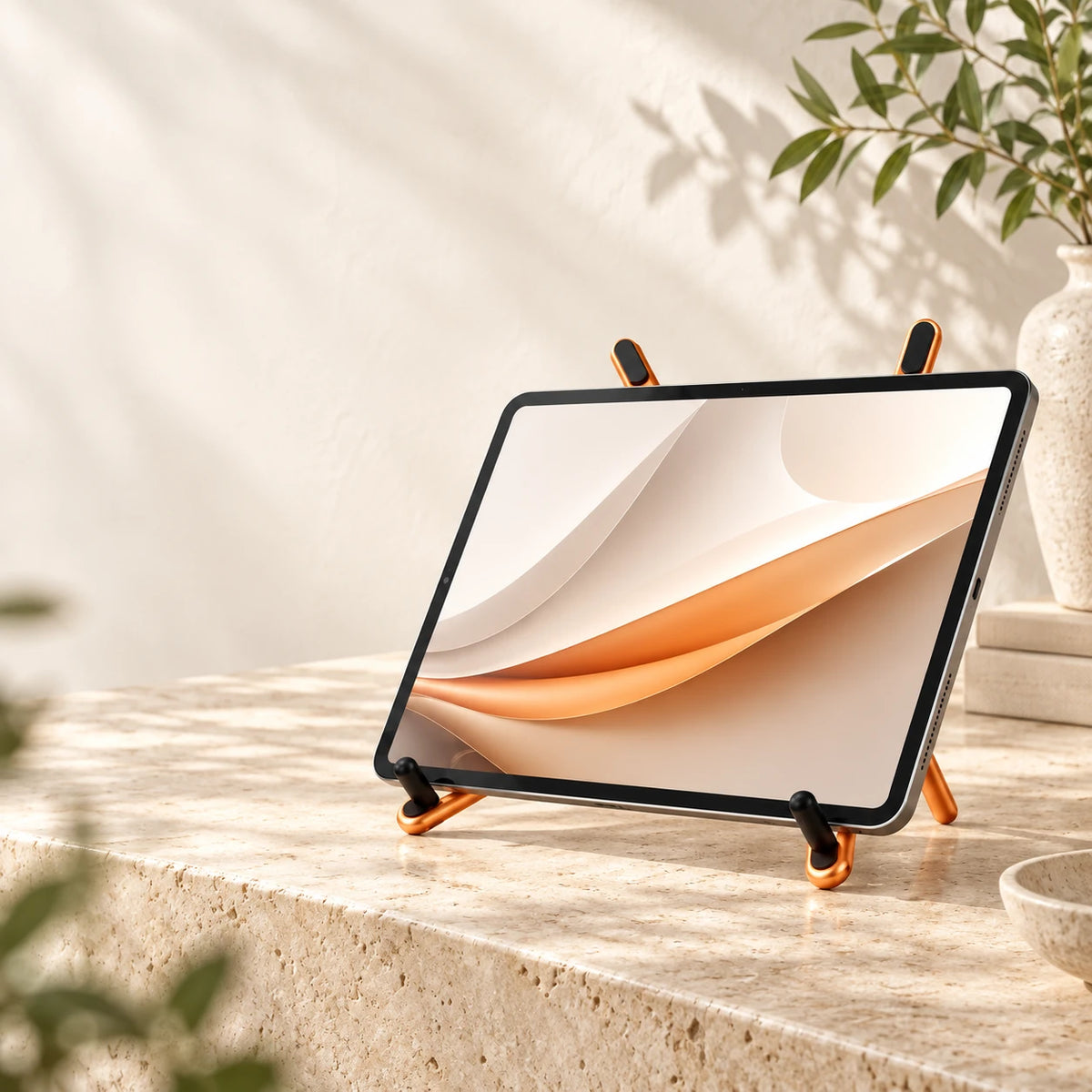 Tablet resting horizontally on an orange adjustable desk stand.