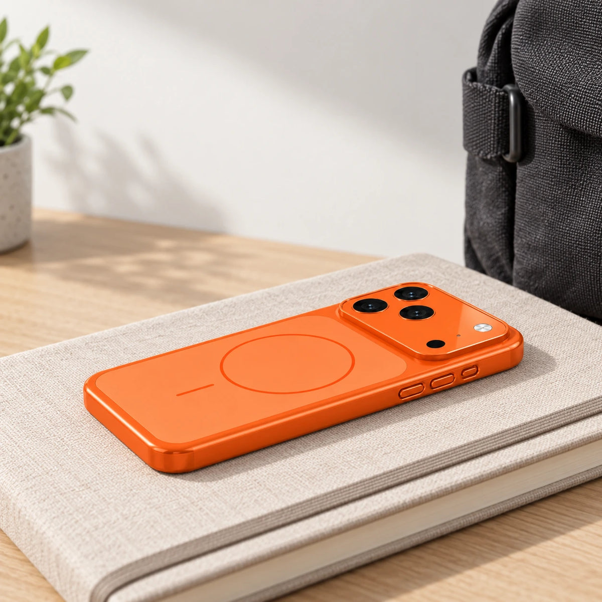 Side profile of a slim orange hard-shell phone case beside a canvas bag.