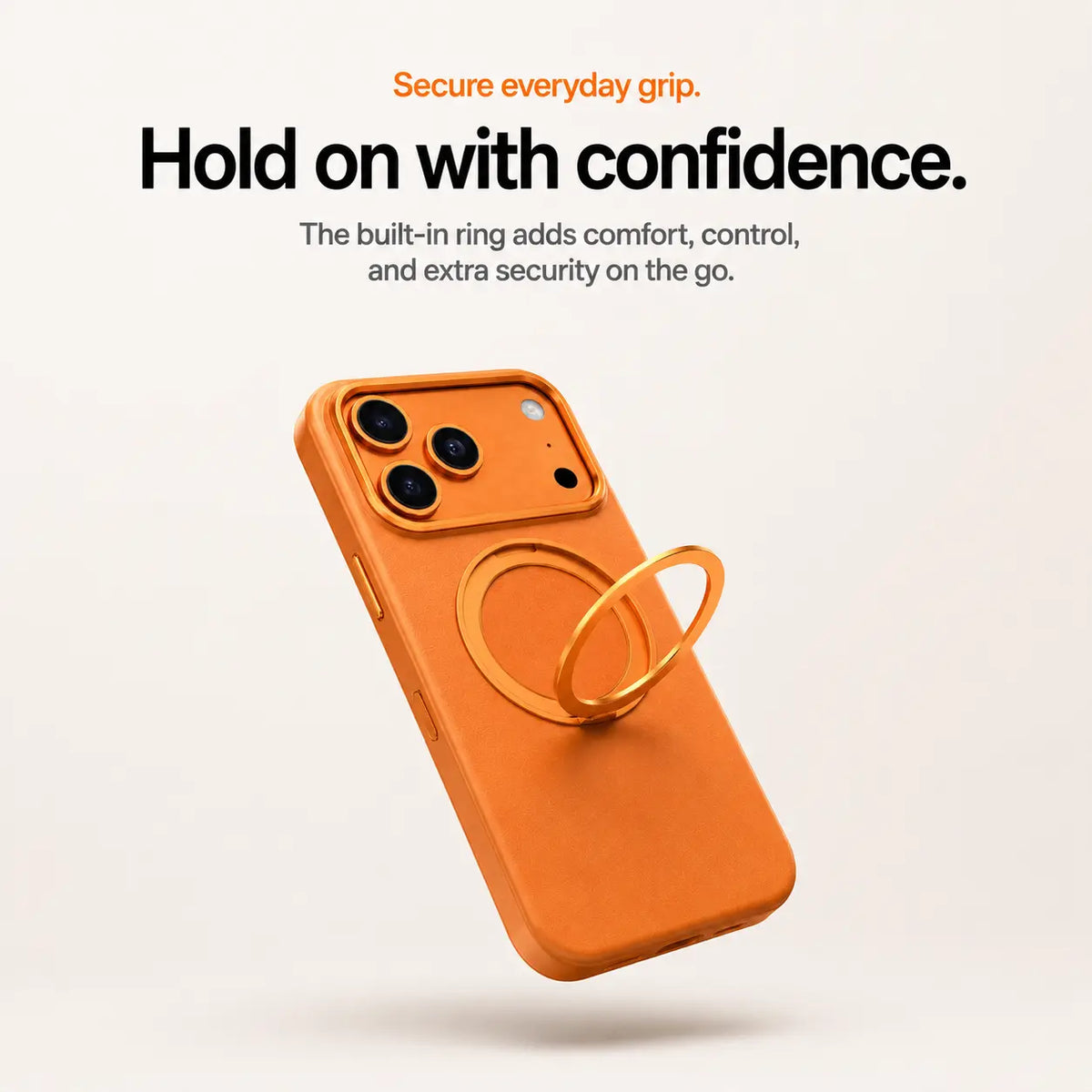 Orange leather phone case showing its raised circular finger grip #color_Cosmic Orange