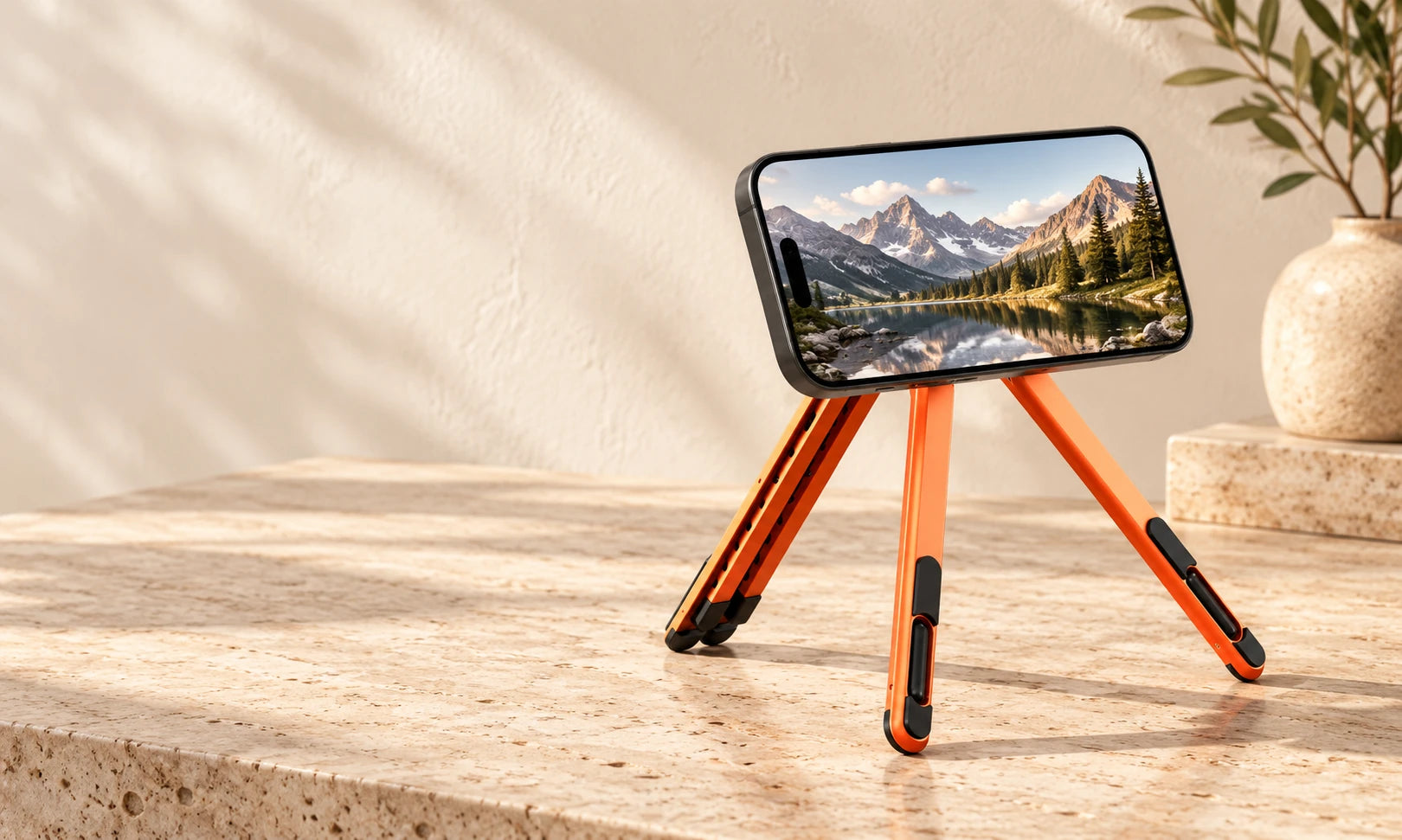 Orange magnetic desk stand holding a phone horizontally for viewing.