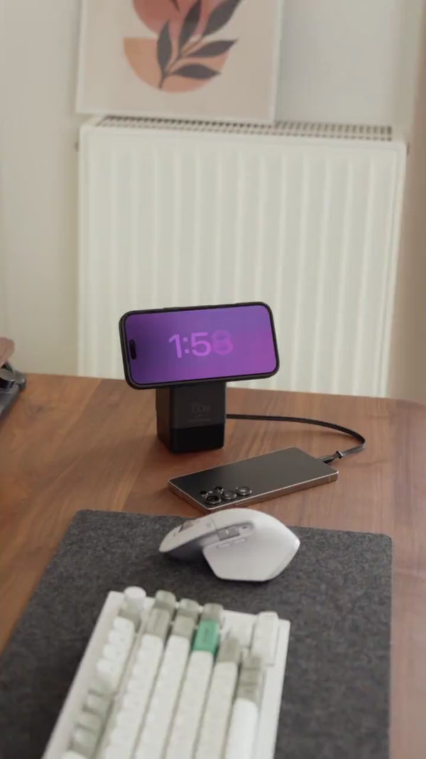 PowerTower 105W 6-in-1 charging station — used as a desktop and nightstand charging hub