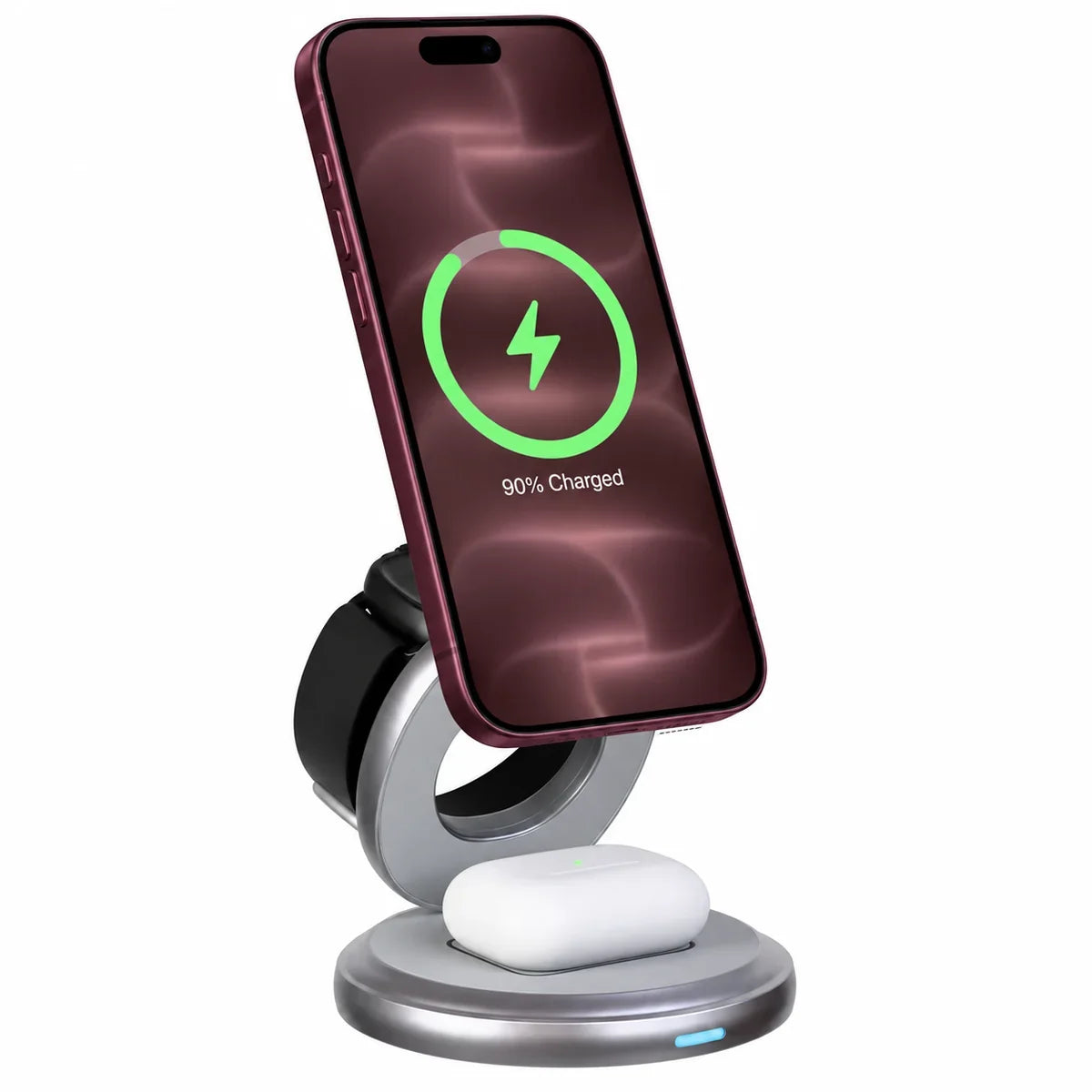 Arctic White rotating foldable wireless charger charging a Burgundy phone tilted backward. #color_Arctic White