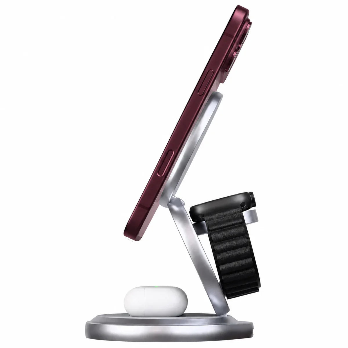 Arctic White rotating foldable wireless charger holding a Burgundy phone in side view. #color_Arctic White